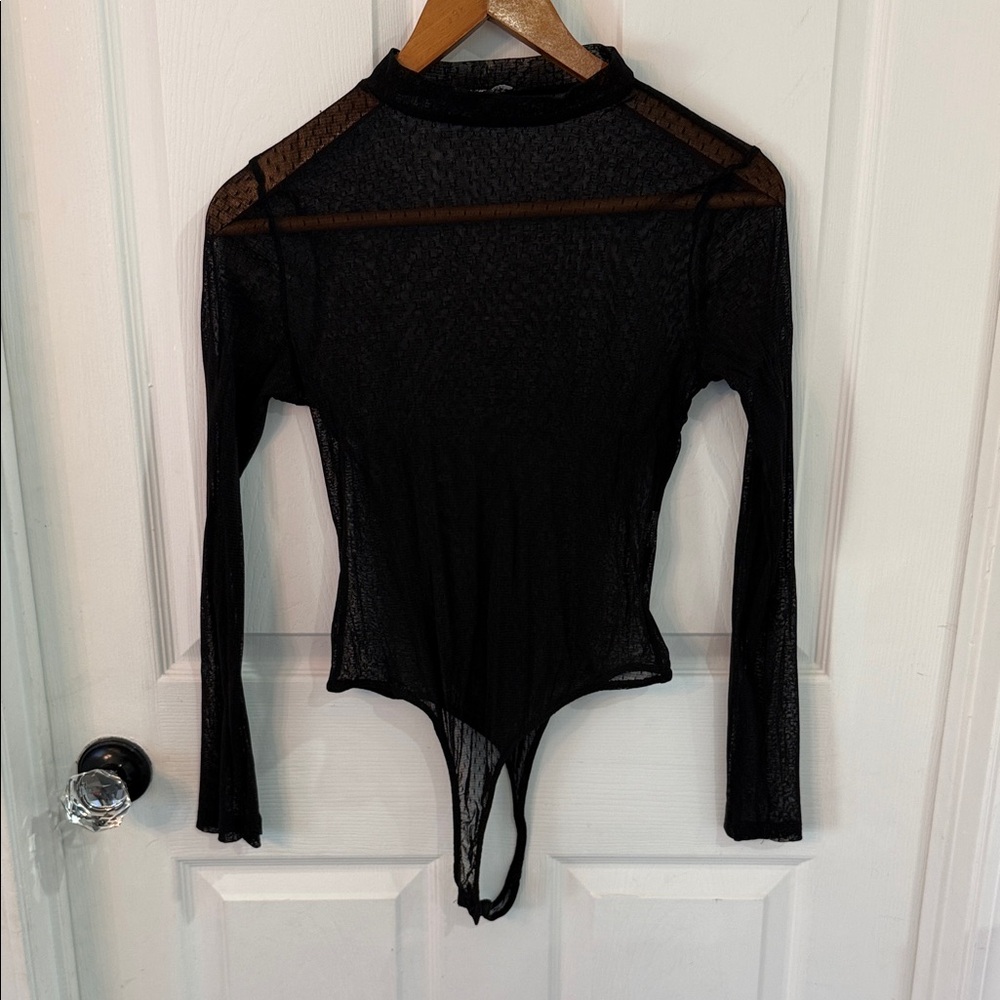 Express Black Sheer Long-Sleeve Mock Neck Bodysuit